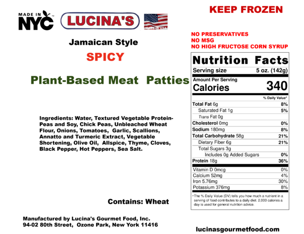 Lucina's Gourmet Baked Jamaican Style Spicy Plant-Based Meat Patties 12/5 oz. Packs