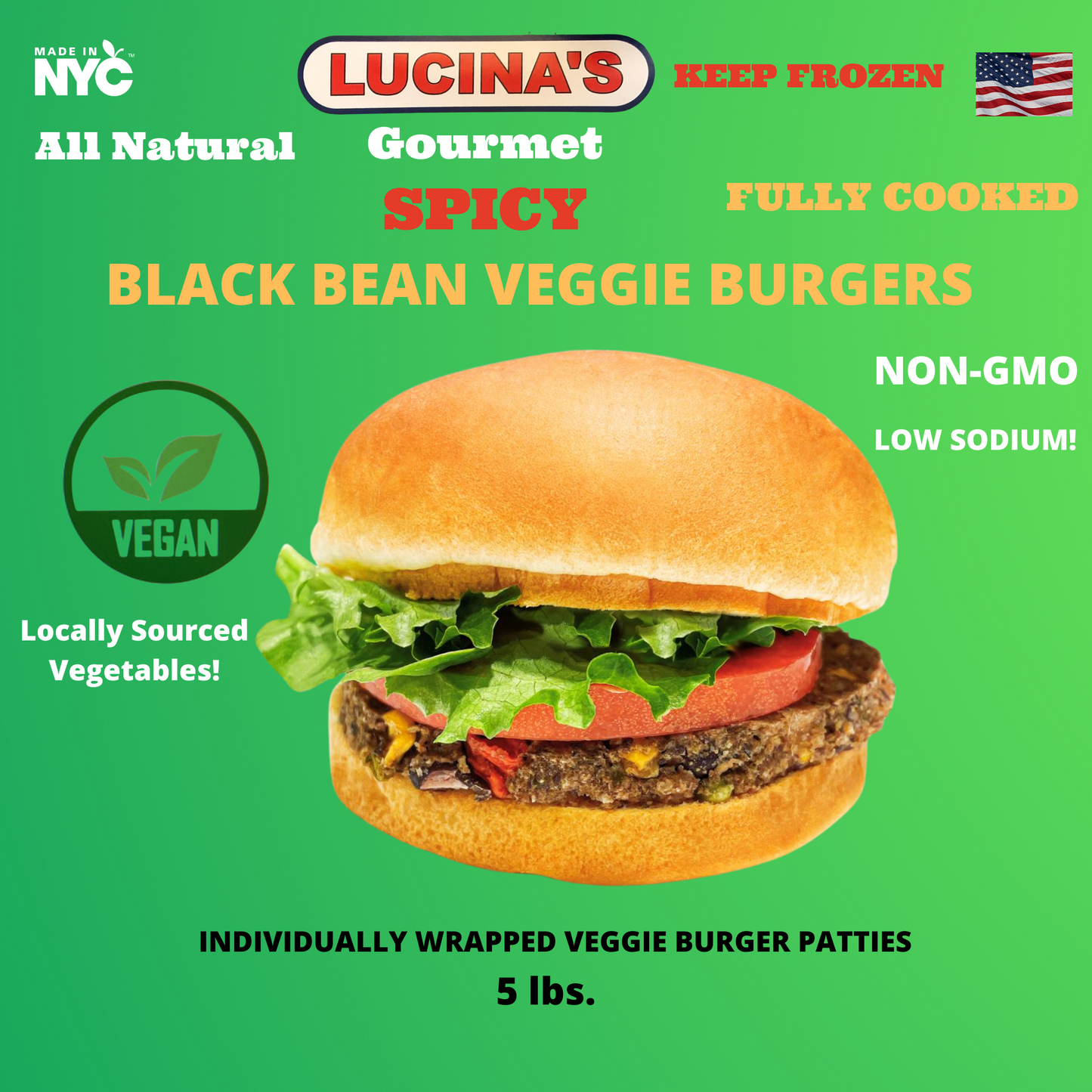 Lucina's Gourmet Cooked Spicy Black Bean Veggie Burgers 5lbs.